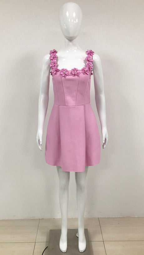 MINI ABITO ROSA CON COLLO A FIORI 3D