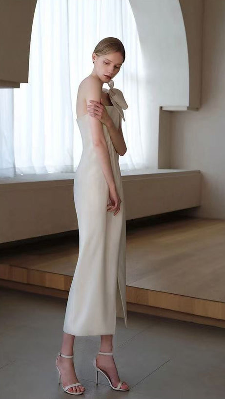 Estelle White Off Shoulder Satin Midi Dress with Bow