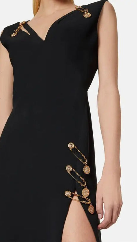 V-NECK PIN-EMBELLISHED MAXI DRESS IN BLACK