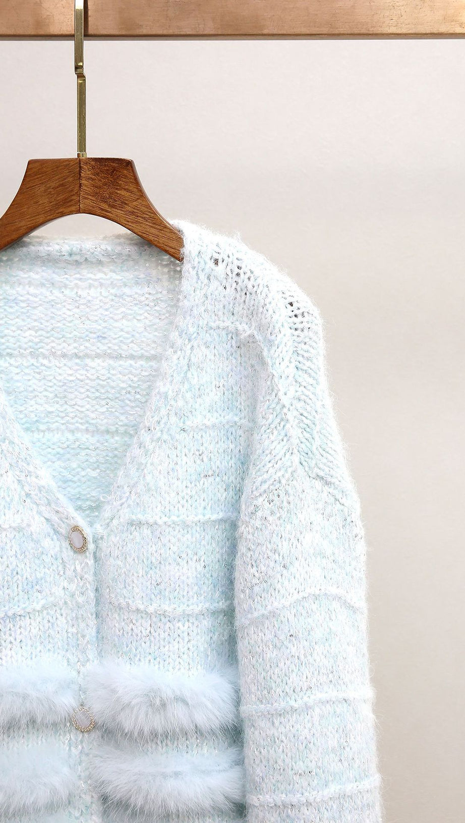 Joanie Luxe Blue Plush Knit Cardigan with Faux Fur Trim for Women