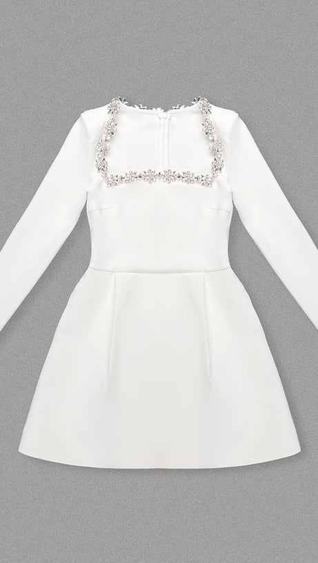 JEWEL-EMBELLISHED TRIM MINI DRESS IN WHITE