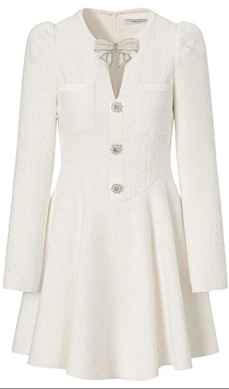 ELEGANT WHITE TWEED BOW MINI DRESS | LONG SLEEVE FIT & FLARE