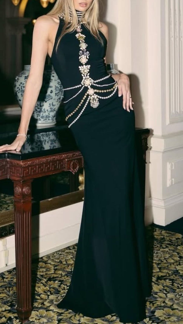 AIIZIE Janae Black Diamante Embellished Halter Neck Maxi Gown - Luxury Evening Dress - product image