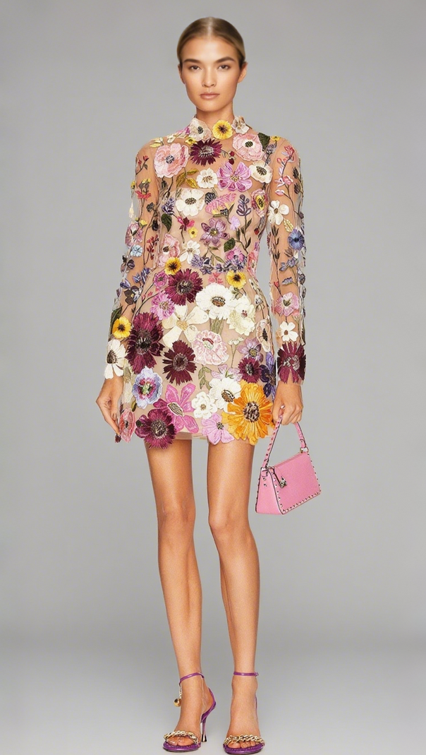 AIIZIE EMBROIDERED FLOWER LONG SLEEVE MINI DRESS - product image
