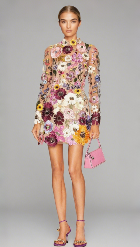 EMBROIDERED FLOWER LONG SLEEVE MINI DRESS
