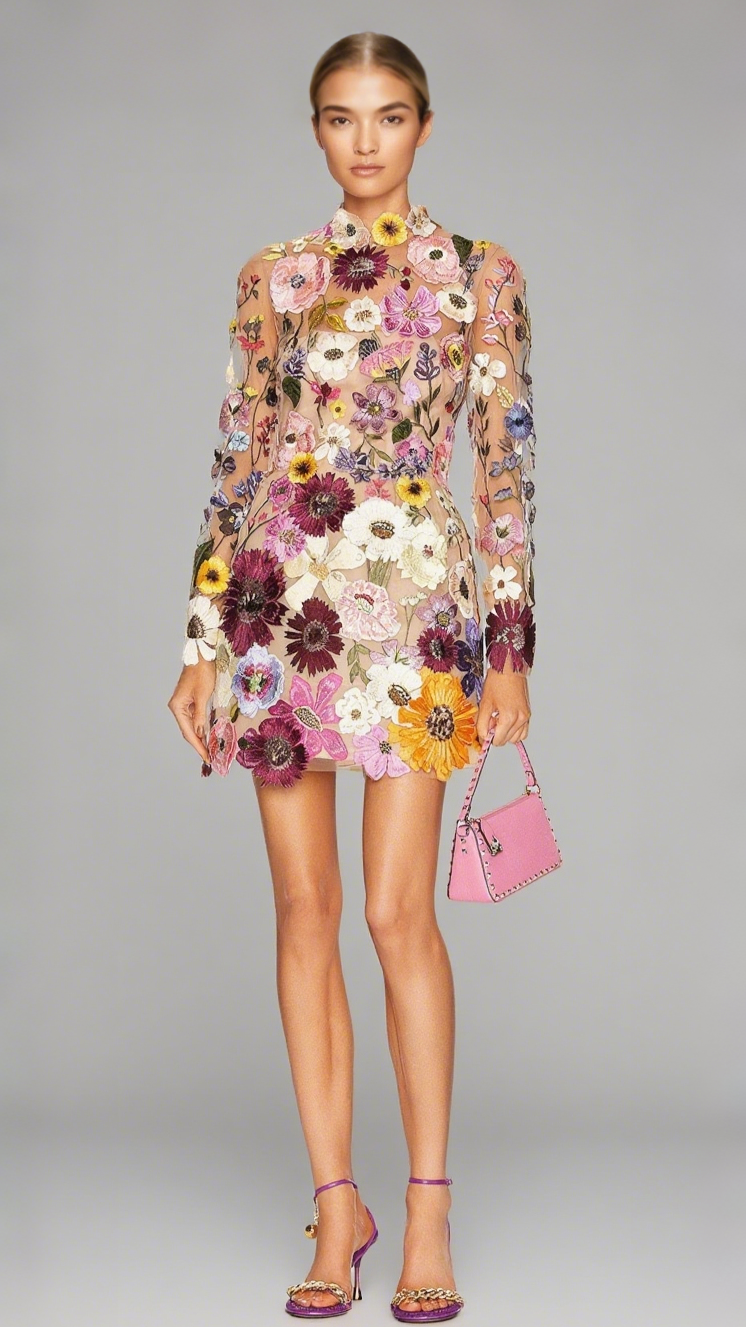 EMBROIDERED FLOWER LONG SLEEVE MINI DRESS