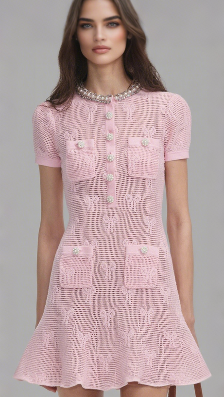 PINK BOW CROCHET CRYSTAL TRIM MINI DRESS