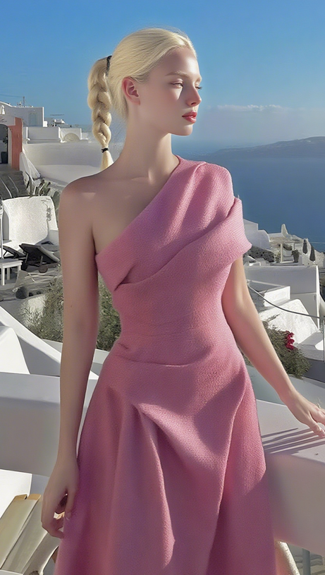 IRREGULAR ONE-SHOULDER MIDI DRESS IN PINK