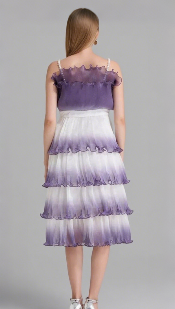 AIIZIE PURPLE GRADIENT PLEATED RUFFLE TRIM LAYERED MINI DRESS - product image