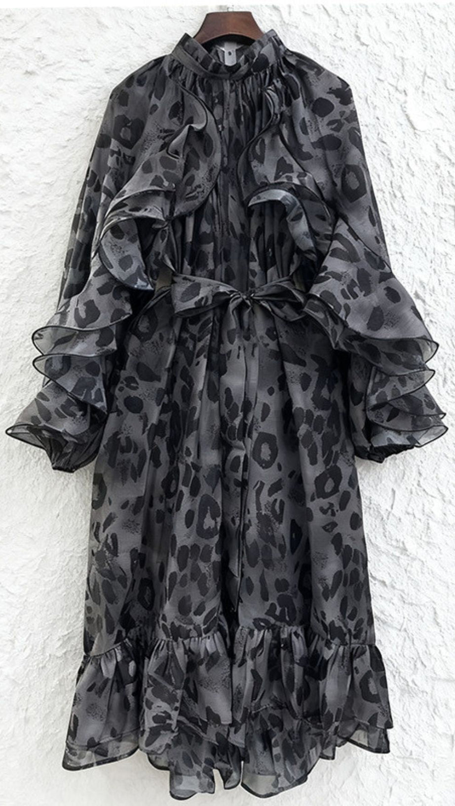 Chic Orange Leopard Ruffle Midi Dress | Long Sleeve Statement Style