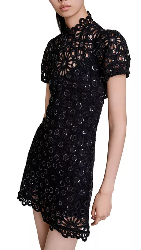 TRISTA BLACK HIGH COLLAR CUTOUT LACE MINI DRESS