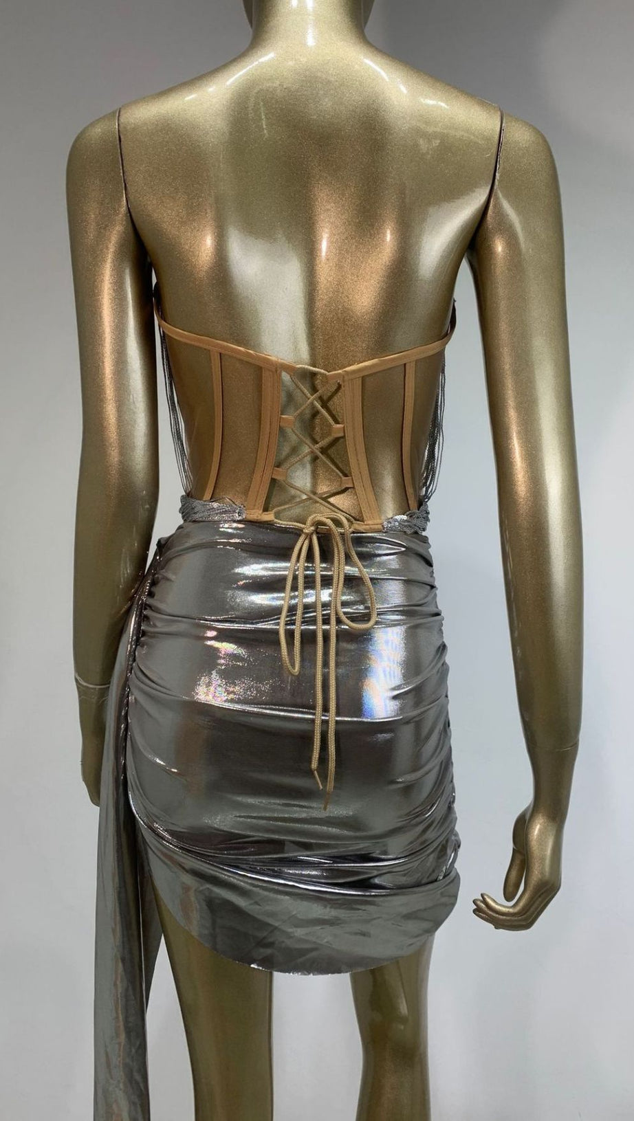 HAYLIA SILVER SPARKLE STRAPLESS CORSET & SEQUIN MINI SKIRT SET | GLAMOROUS PARTY WEAR