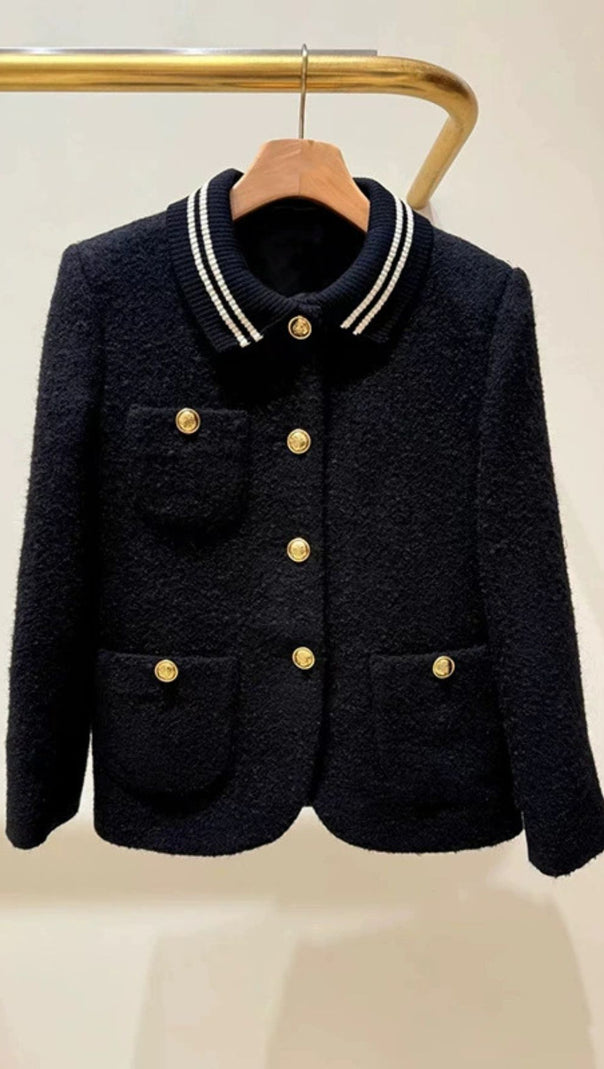 AIIZIE Chic Black Tweed Jacket | Contrast Striped Collar & Gold Buttons - product image