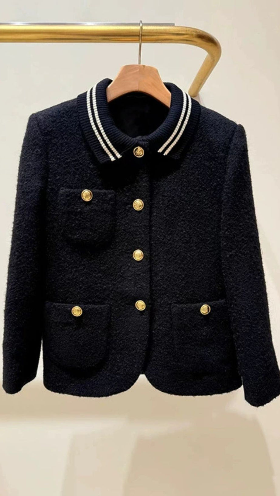 Chic Black Tweed Jacket | Contrast Striped Collar & Gold Buttons