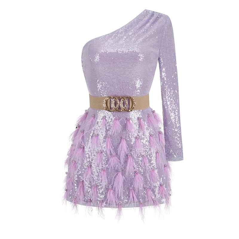 MINI ABITO MONOSPALLA A MANICHE LUNGHE CON PAILLETTES DI PIUME