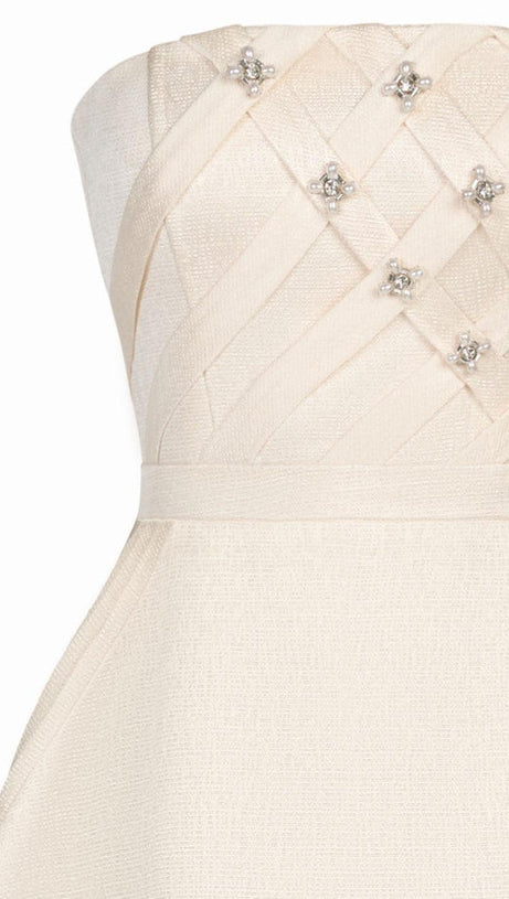 STRAPLESS STRAIGHT NECK MIDI DRESS IN CREAM WHITE