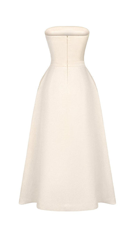 STRAPLESS STRAIGHT NECK MIDI DRESS IN CREAM WHITE