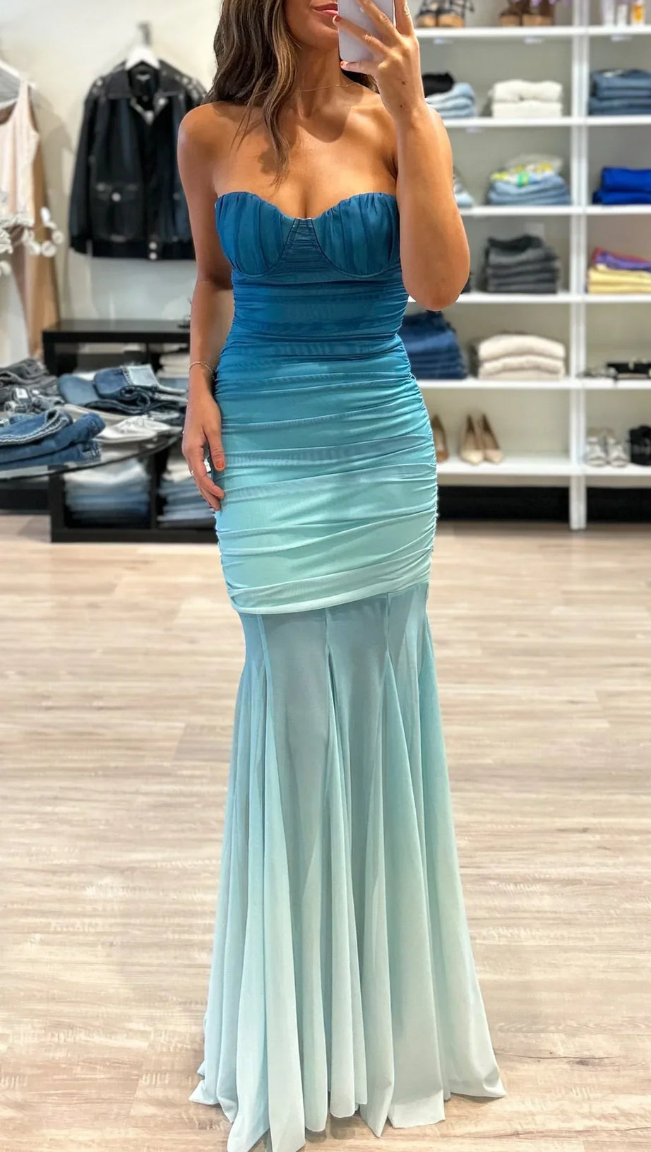 GRADIENT MESH SPLICING BODYCON STRAPLESS MAXI DRESS IN BLUE