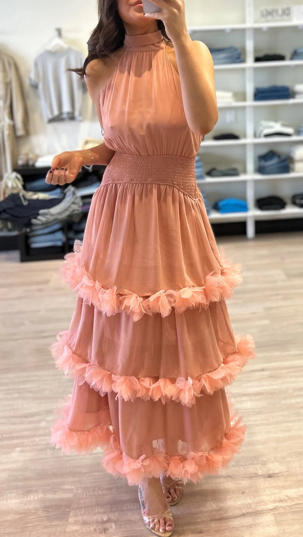 AIIZIE NEREIDA TIERED MIDI DRESS IN PALE ORANGE - product image