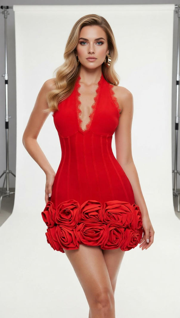 AIIZIE Emanar Red Rose Halterneck Mini Bandage Dress – Glamorous Statement Piece - product image