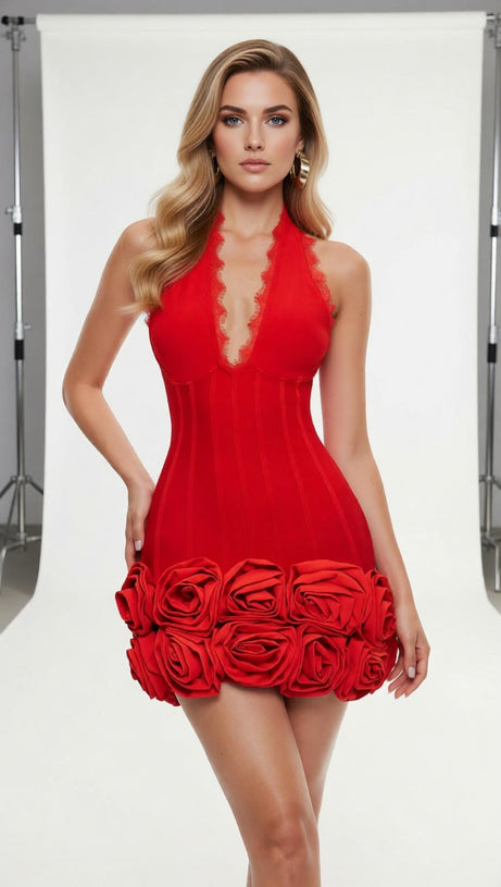 Emanar Red Rose Halterneck Mini Bandage Dress – Glamorous Statement Piece