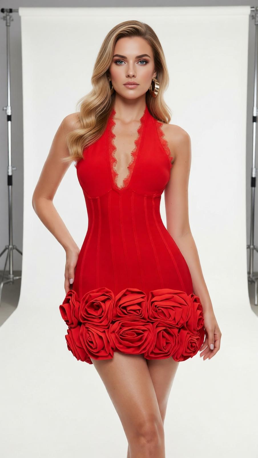 Emanar Red Rose Halterneck Mini Bandage Dress – Glamorous Statement Piece