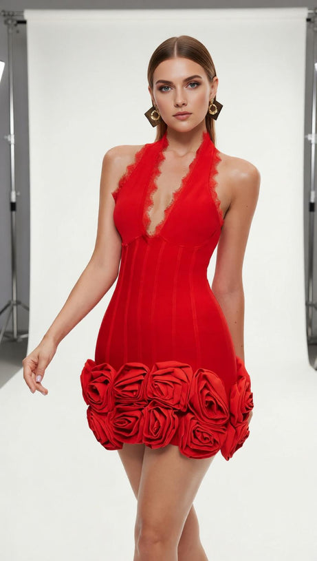 Emanar Red Rose Halterneck Mini Bandage Dress – Glamorous Statement Piece