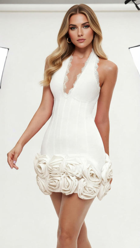 Emanar White Floral Halterneck Bandage Mini Dress - Curve-Sculpting Glamour