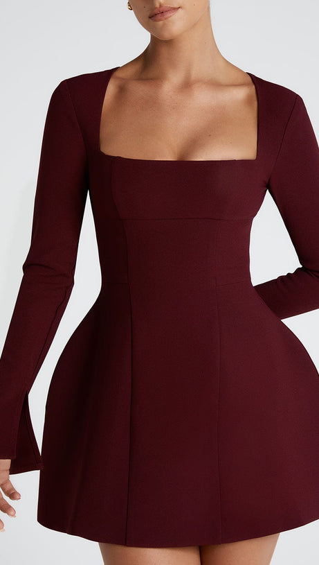 ESME SQUARE NECK MINI DRESS IN CHERRY LACQUER
