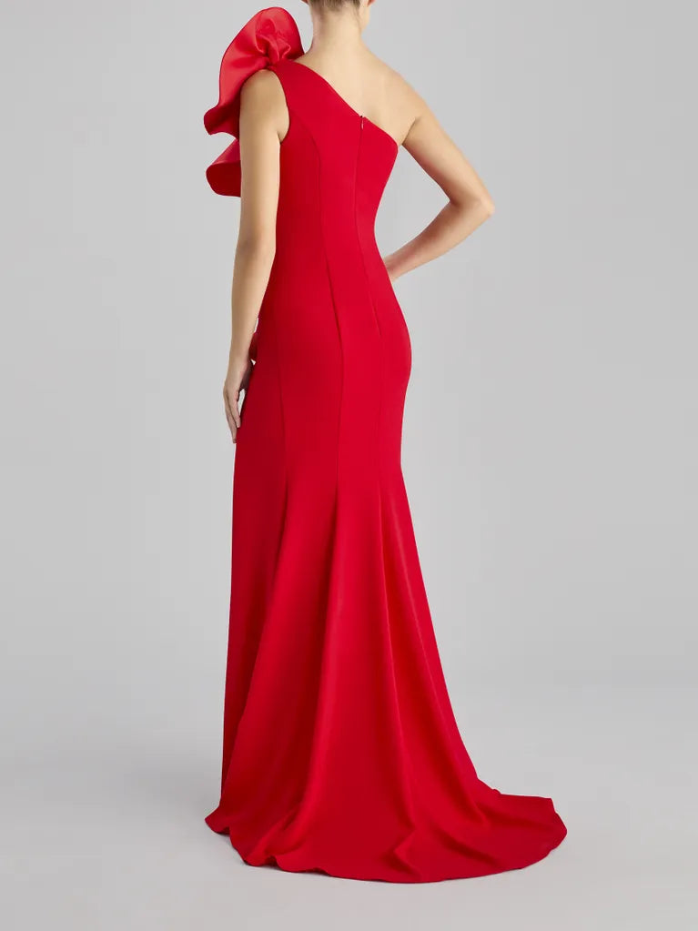 SUZANNE FLOWER MERMAID CREPE MAXI DRESS IN RED