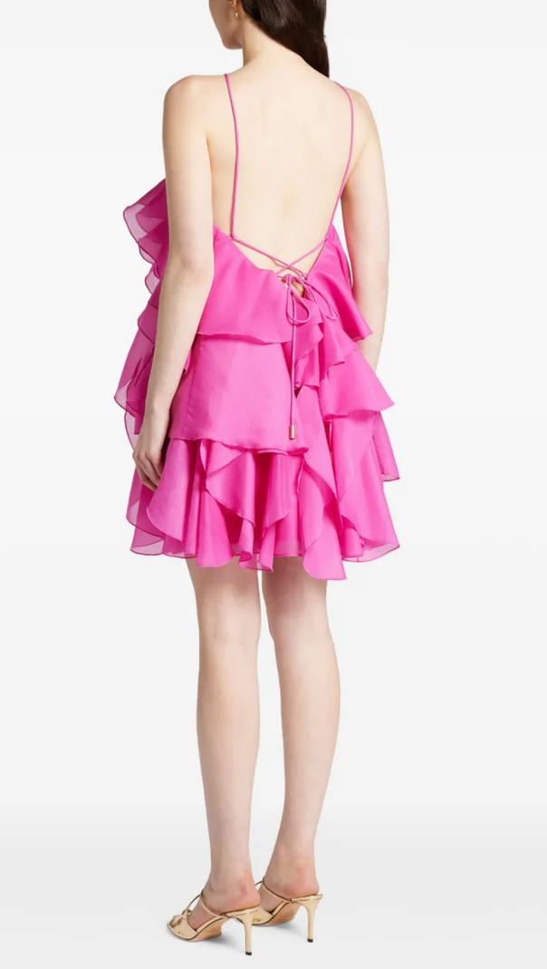 AIIZIE LORRAINE HALTER FLORAL RUFFLE LAYERED MINI DRESS IN FUCHSIA - product image