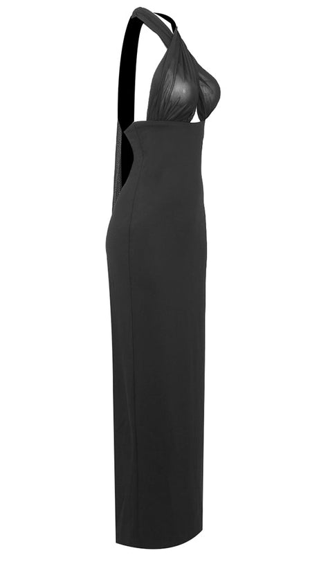MERRY BLACK SHEER MESH UPPER PONTE LOWER MAXI DRESS