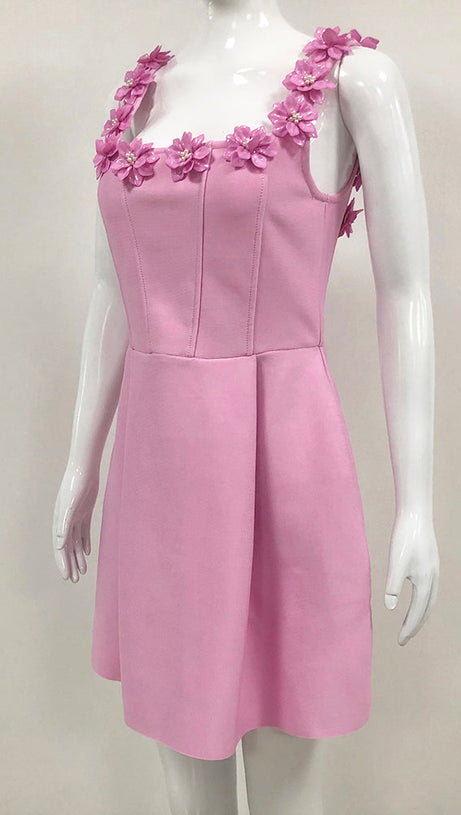 MINI ABITO ROSA CON COLLO A FIORI 3D