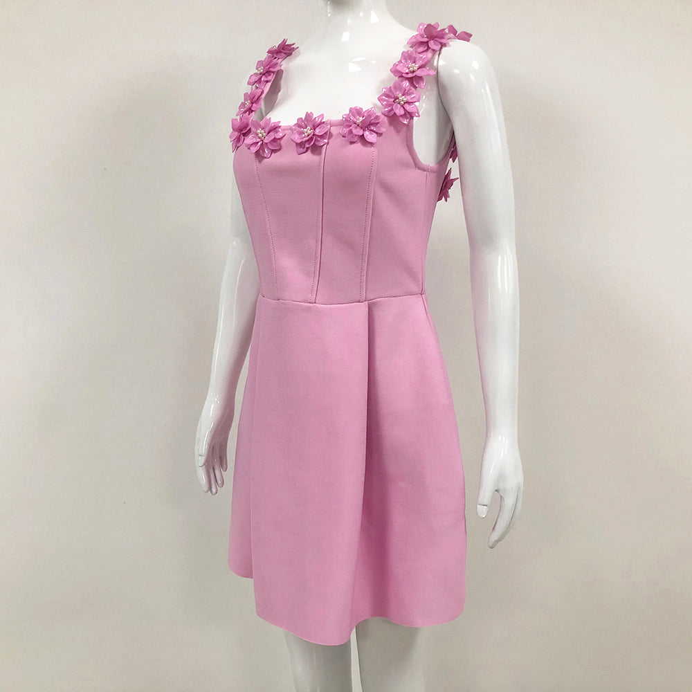 3D Flower Neck Mini Dress in Pink