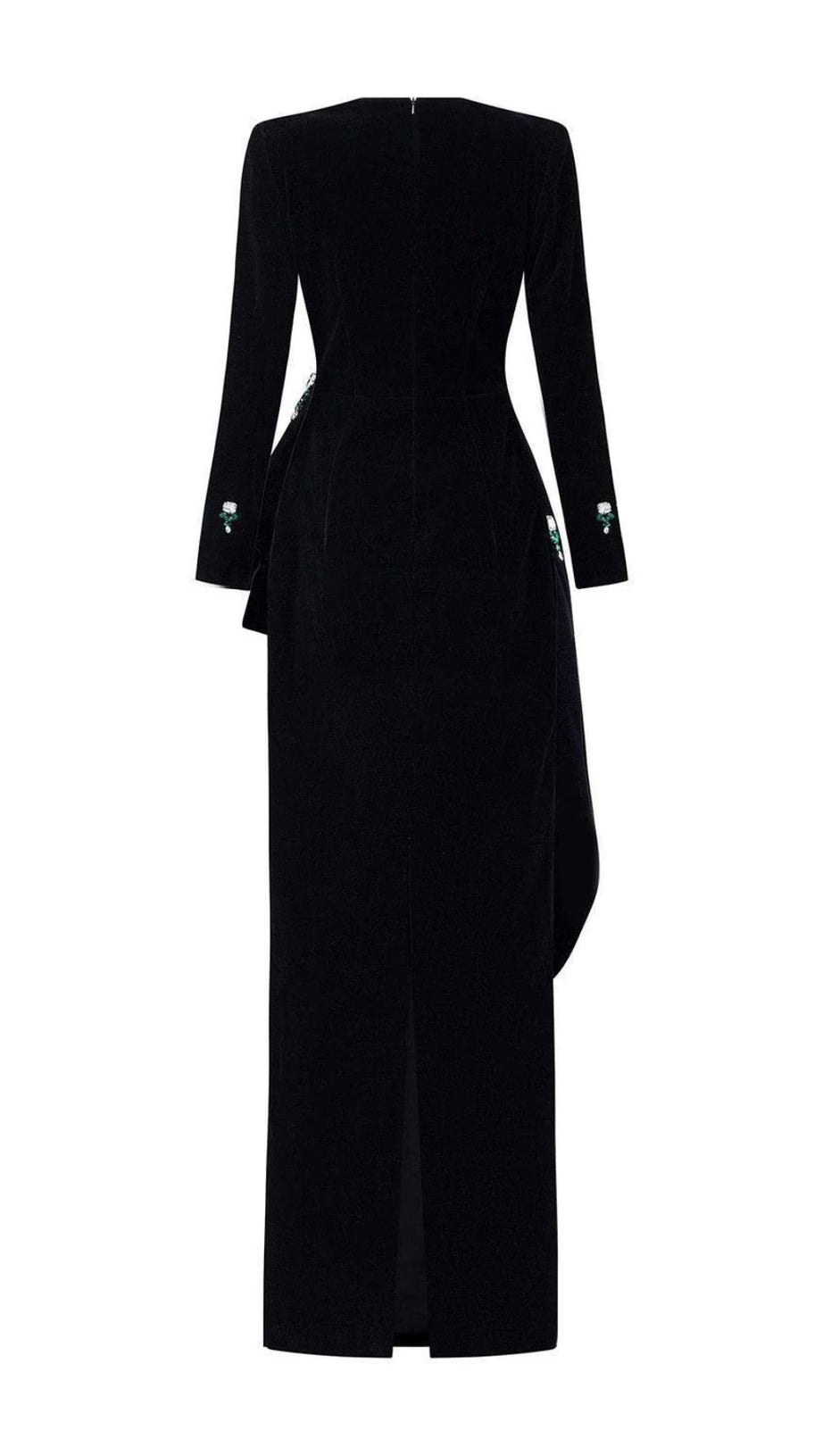 HEDYA BLACK VELVET & EMERALD CRYSTAL STATEMENT MAXI GOWN | LONG SLEEVE EVENING DRESS