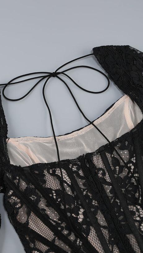 LONG SLEEVE LACE CORSET DRAPED MINI DRESS IN BLACK