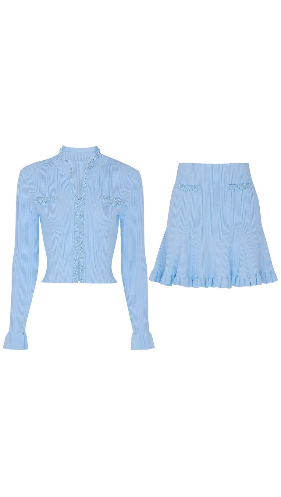 Julio Chic Baby Blue Ribbed Knit Cardigan & Ruffle Mini Skirt Set