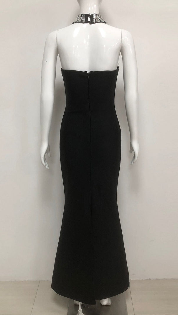 AIIZIE Iwao Black Halter Rhinestone Maxi Gown - Show-Stopping Sparkle & Elegance - product image