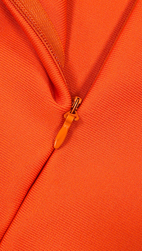 TOBEY ORANGE PEARL EMBELLISHED RUFFLE TRIM NECK MIDI DRESS