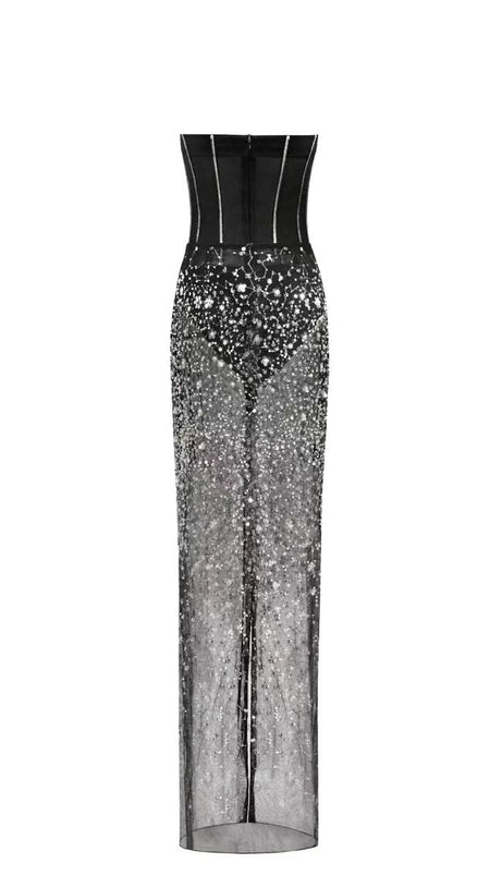 HAZEL CRYSTAL-COVERED STRAPLESS BLACK MAXI DRESS