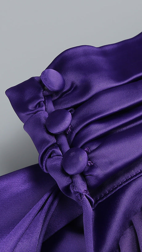 SATIN WRAP HALTER GOWN WITH FLOWER IN PURPLE