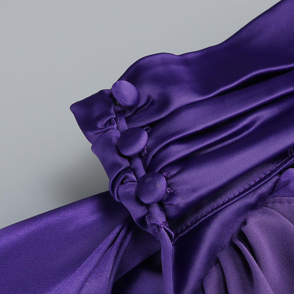 AIIZIE SATIN WRAP HALTER GOWN WITH FLOWER IN PURPLE - product image