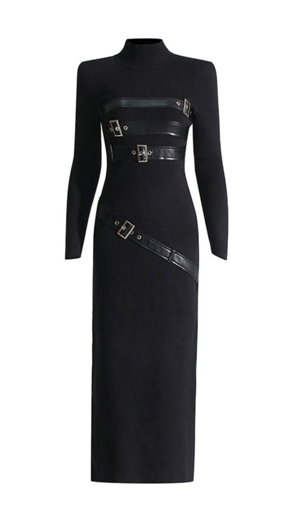 AIIZIE Isai Black Statement Buckle Maxi Dress - Long Sleeve Evening Gown - product image