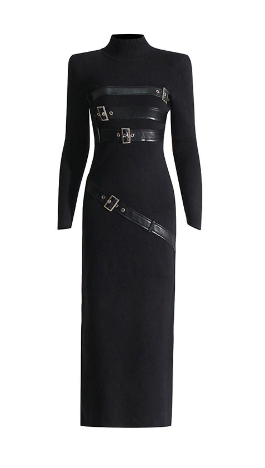 Isai Black Statement Buckle Maxi Dress - Long Sleeve Evening Gown