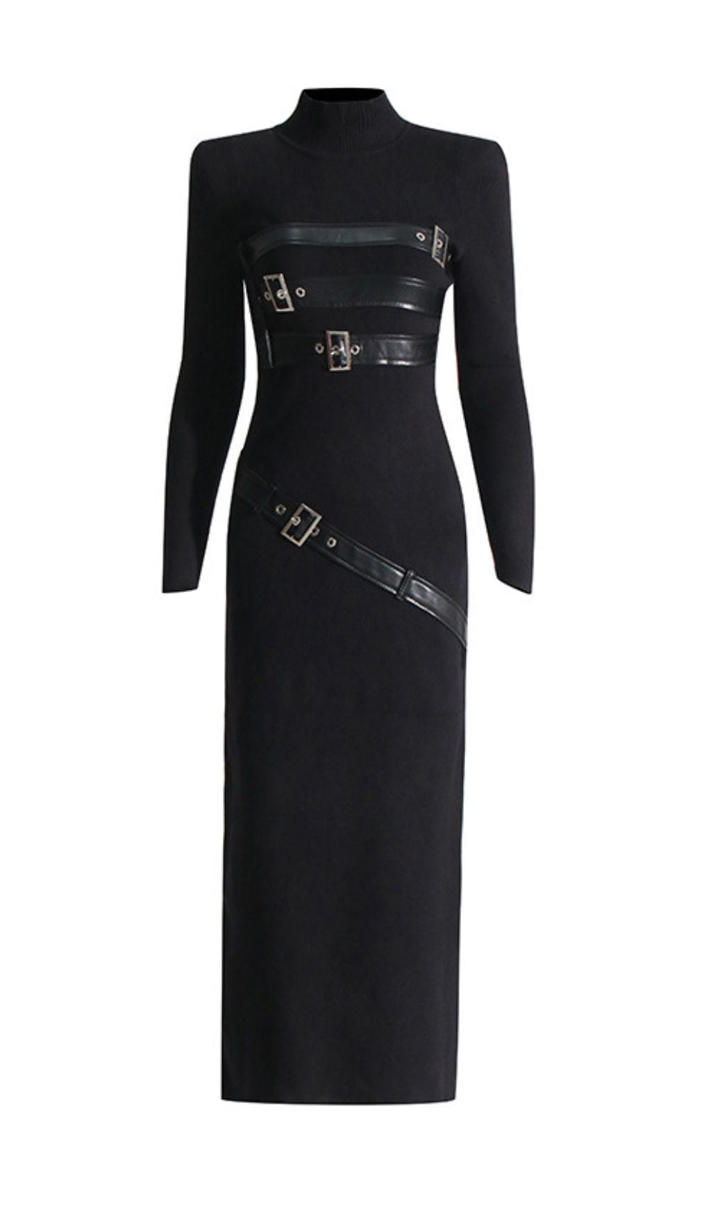 Isai Black Statement Buckle Maxi Dress - Long Sleeve Evening Gown