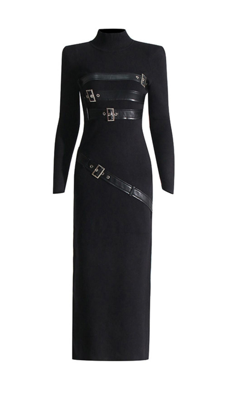 Isai Black Statement Buckle Maxi Dress - Long Sleeve Evening Gown