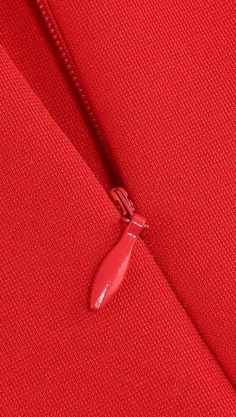 OFF-SHOULDER FEATHER PANEL RED DRESS