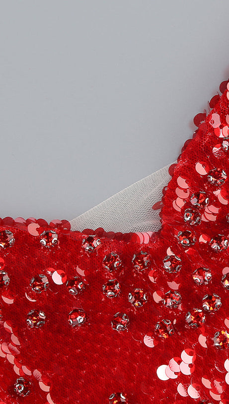 CAITLIN OFF-SHOULDER SEQUIN MIDI DRESS IN RED