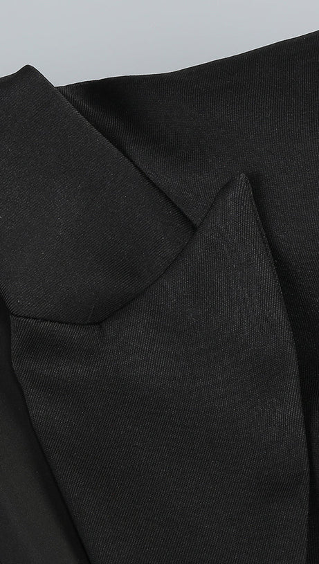 V-NECK LACE-EMBELLISHED JUMPSUIT BLAZER IN BLACK