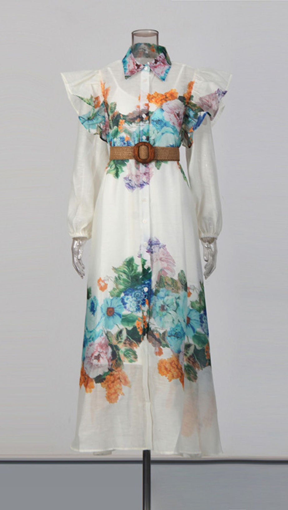 Janie Romantic Floral Ruffled Maxi Shirtdress with Belt